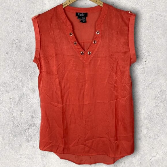 Papillon Orange V-Neck Short Sleeve Blouse Size Large Button Shoulder Top Boho L - Picture 1 of 8